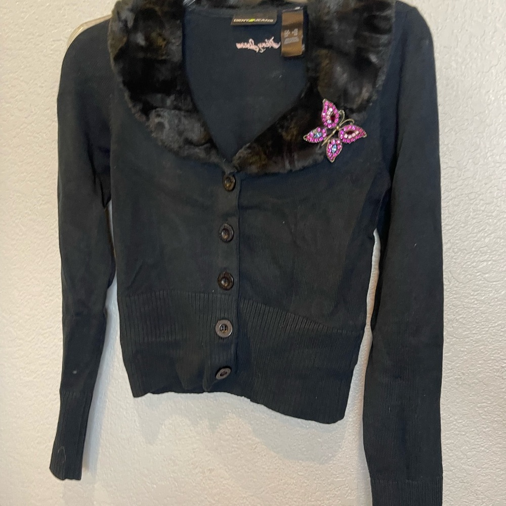 DKNY Black Sweater with Faux Fur Collar xsmall Y2K